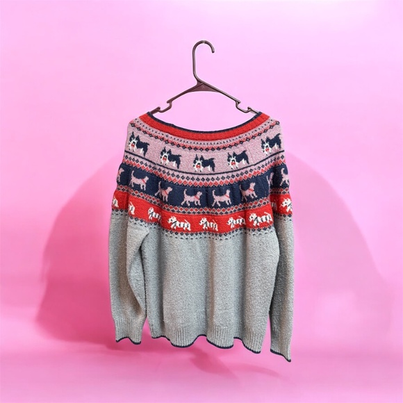 Holiday Time Dog Theme Pullover Long Sleeved Sweater Size XL Gray Pink Blue Red - Picture 2 of 4